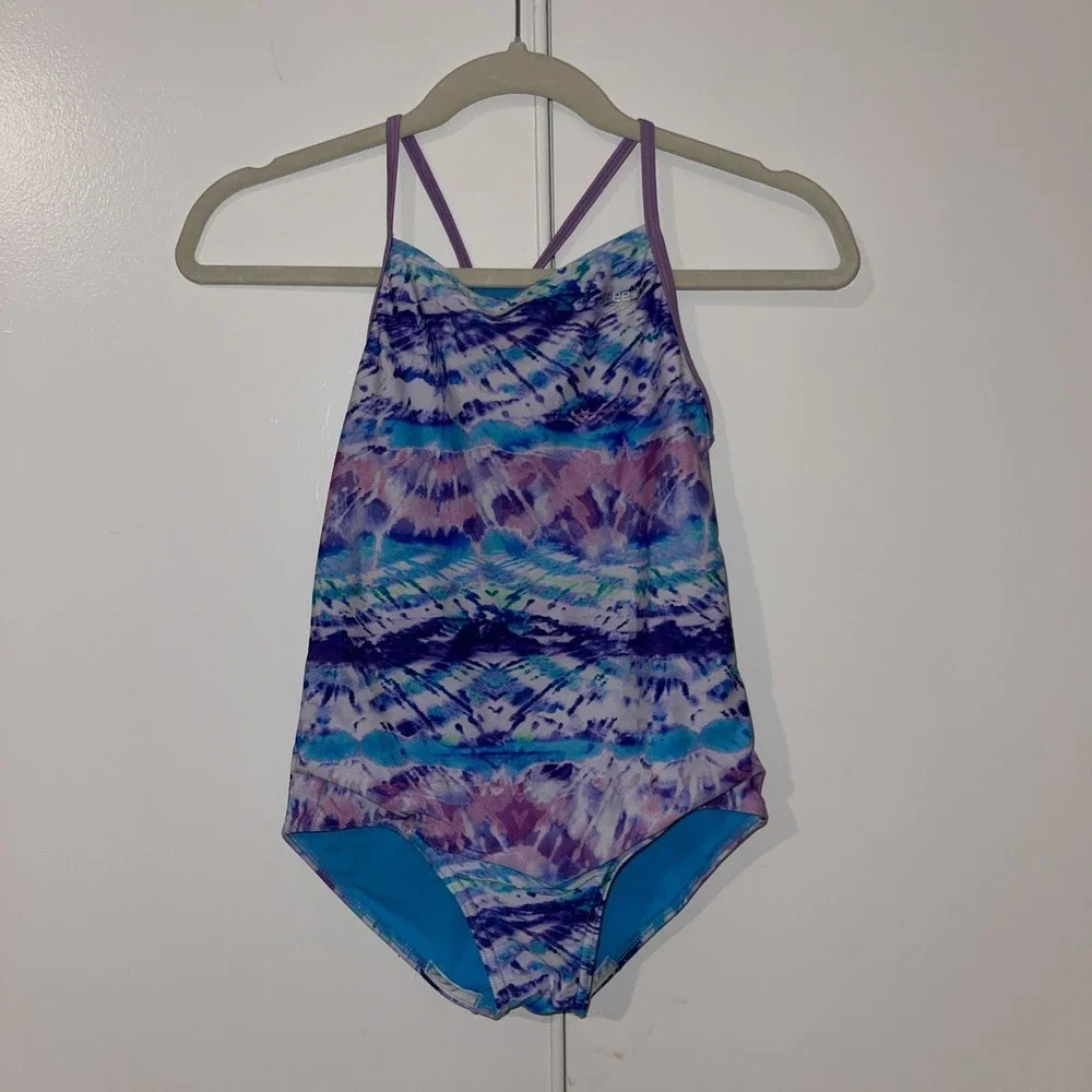 Speedo Girls Purple Blue Tie Dye One‎ Piece Swimsuit L Youth Professional Grade